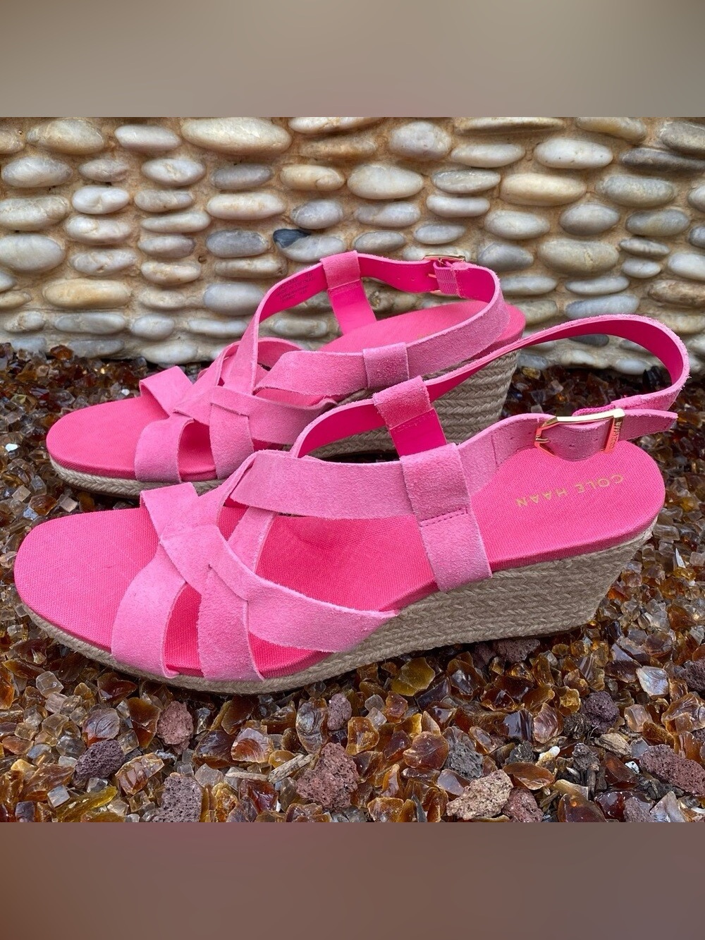 Cole Haan PINK SUEDE Wedge Sandals 8 espadrilles “Crystal Wedge” nwot new summer